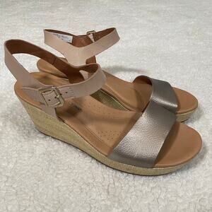 Rockport Lyla Wedge Sandals‎ Beige Taupe Metallic Ankle Strap Jute 8.5